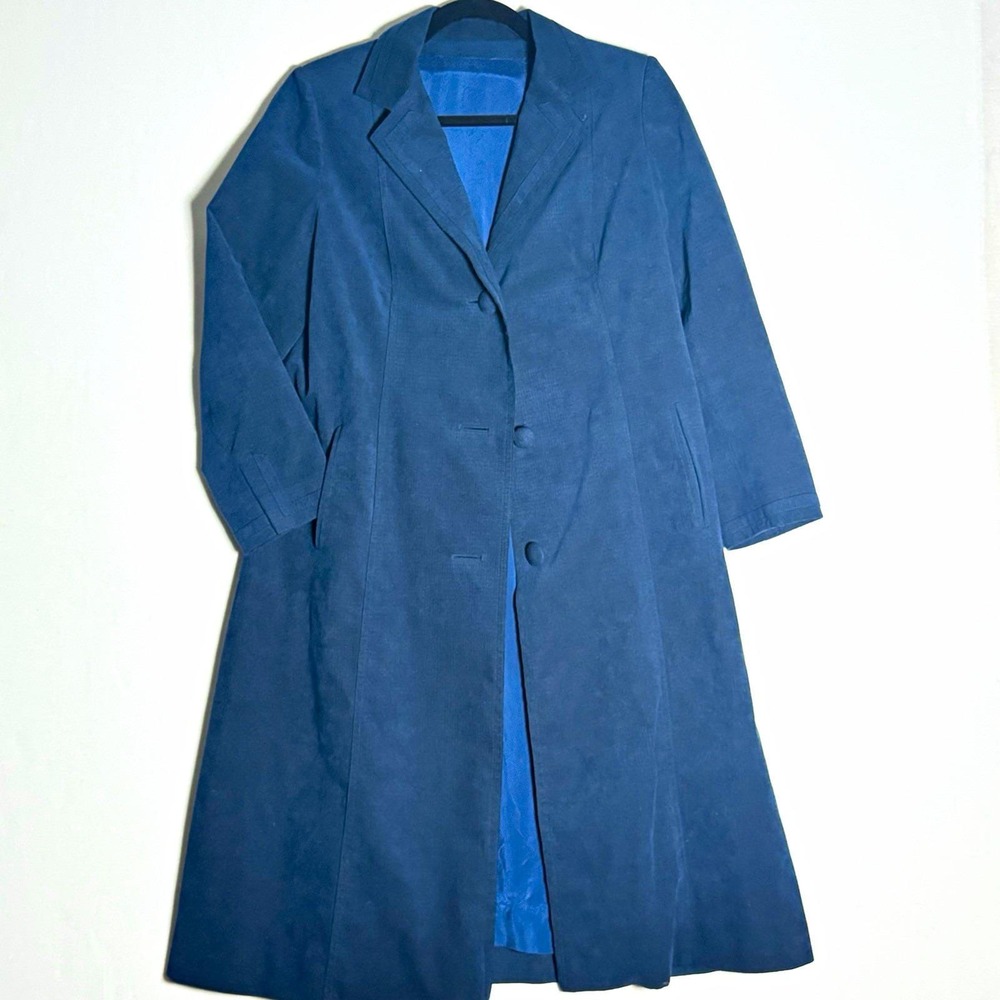 Vintage Cobalt Blue Textured Long Duster Overcoat Matrix Trench Coat Small